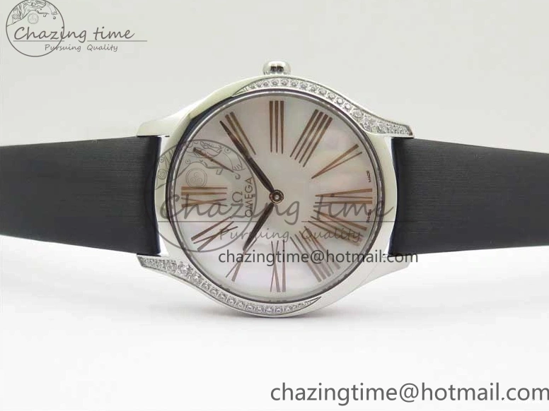 0811 Ladies’ De Ville Trésor Diamond SS 3AF 1:1 Best Edition White MOP Dial RG Markers On Black Fabric strap Swiss Quartz Comfortable 7884